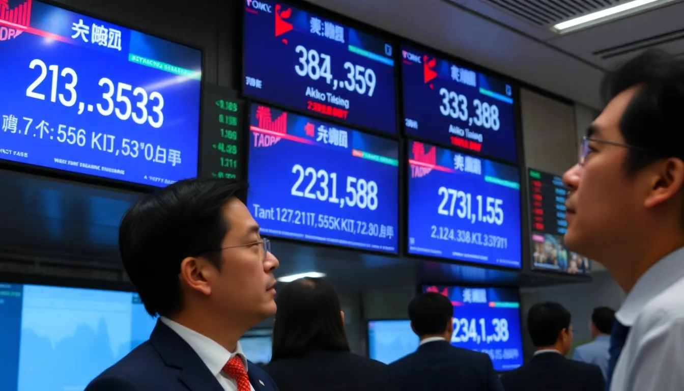 Traders celebrate as the Nikkei 225 index displays a significant rise on a digital screen in a bustling Tokyo stock exchange following Seiko Takaichi's election victory.