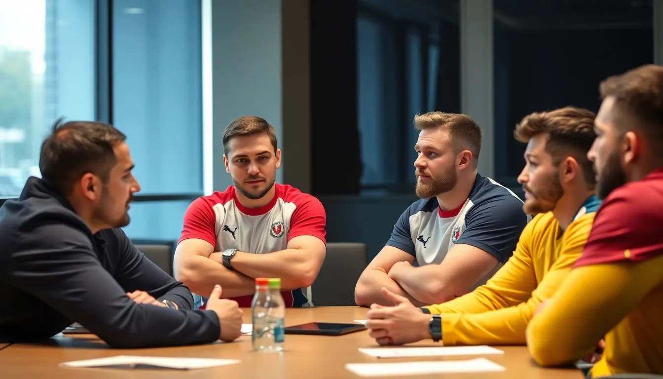 A group of football players stands in a tense huddle in the locker room, visibly frustrated as they discuss their coach's recent tactics and communication style.
