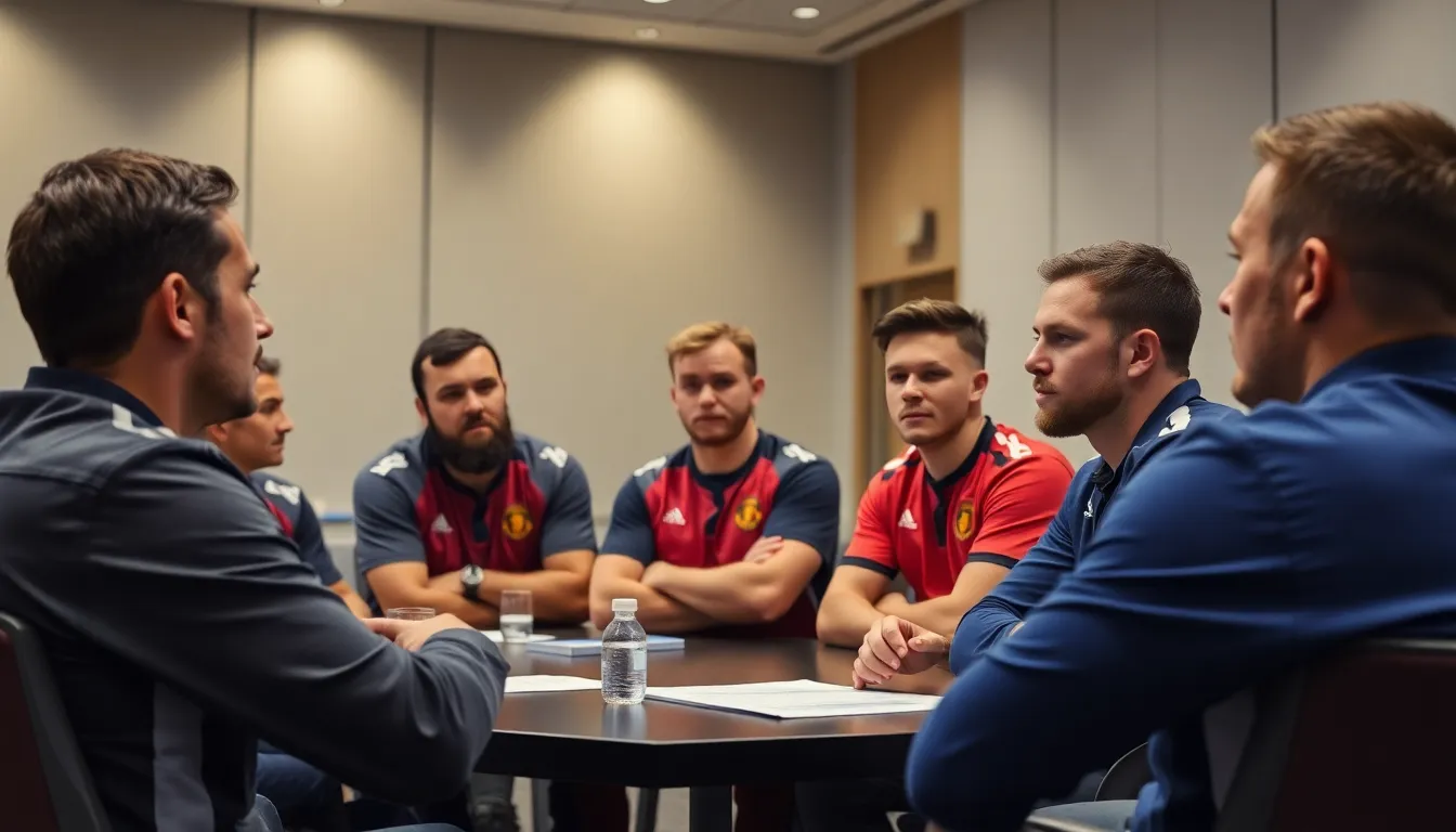 Players discussing their feelings of undervaluation in a tense meeting, illustrating the impact of favoritism and inequity in decisionmaking on team morale