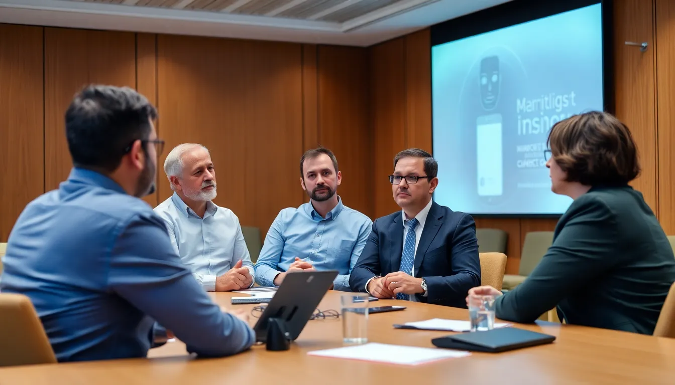 A group of professionals discusses the implications of new AI regulations during a tech conference, with a large screen displaying key points in the background.