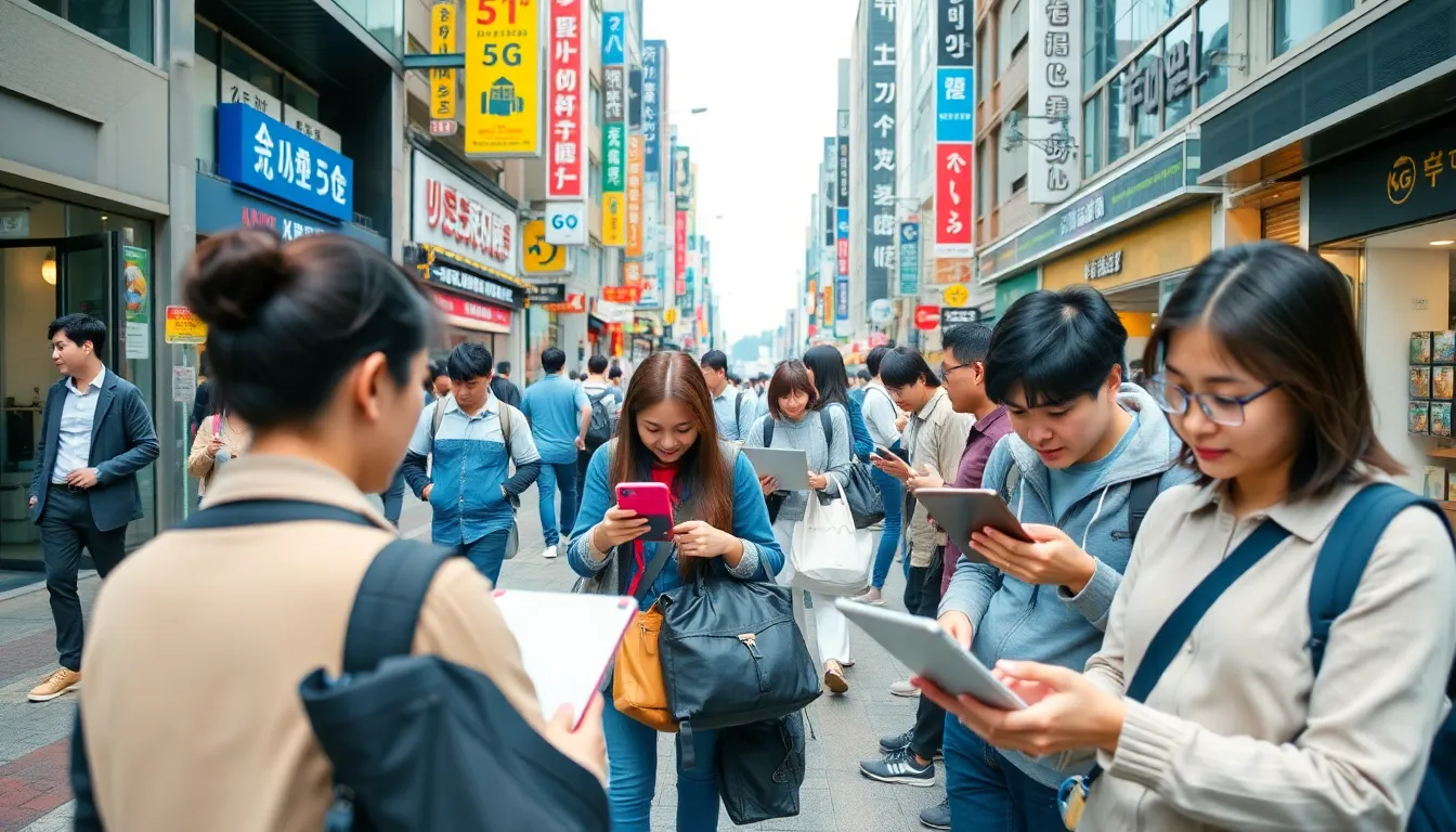 A bustling city scene featuring people using smartphones and laptops in public spaces, reflecting the integration of technology into everyday life