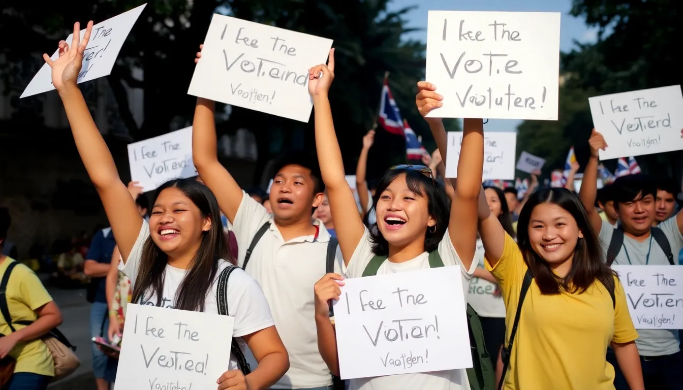 Supporters of the Move Forward Party celebrate their electoral success in a bustling Bangkok street, waving flags and chanting slogans amidst a backdrop of colorful banners.