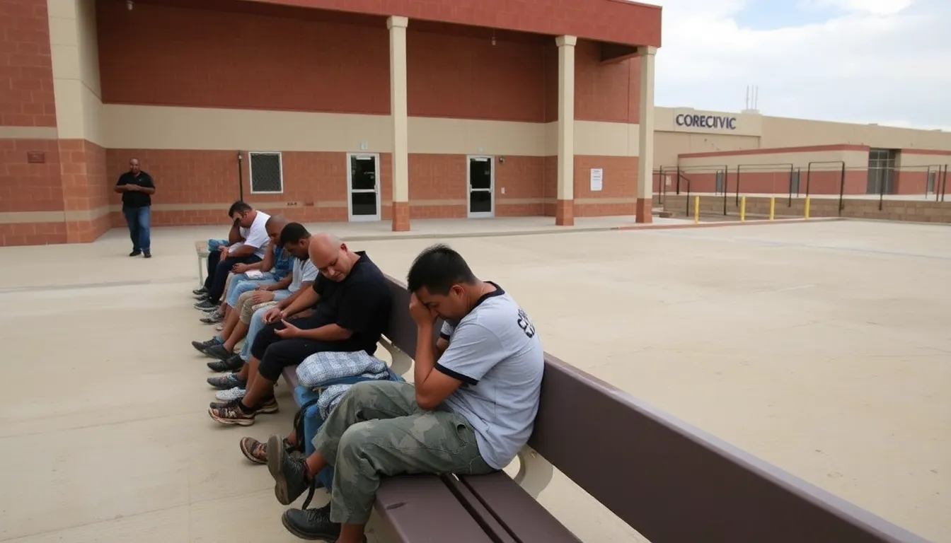 A group of detainees at a CoreCivic facility sits on benches in a dimly lit room, visibly expressing concern and frustration over their inadequate medical care and living conditions.