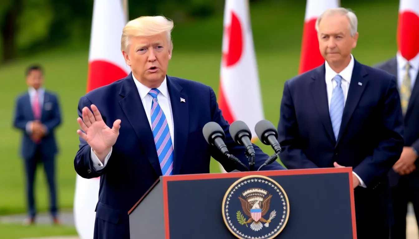 Former President Donald Trump speaks at a press conference, expressing enthusiasm for Japan's substantial investments in the United States, with flags of both nations displayed in the background.