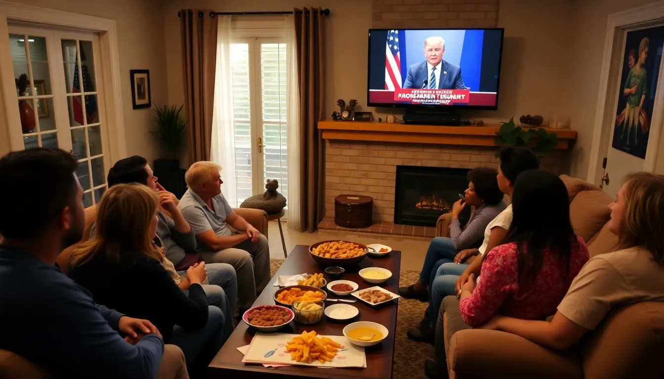 Former President Donald Trump speaks to a large audience during his State of the Union address, emphasizing key political messages while engaging viewers across multiple platforms.