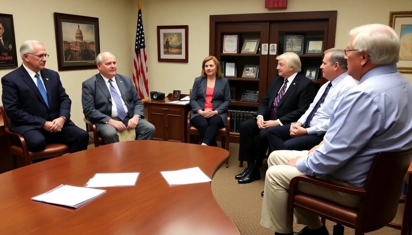 A group of six House Republicans stands together in a congressional meeting, discussing a bipartisan bill aimed at ending tariffs on Canadian goods while facing pressure from former President Trump.