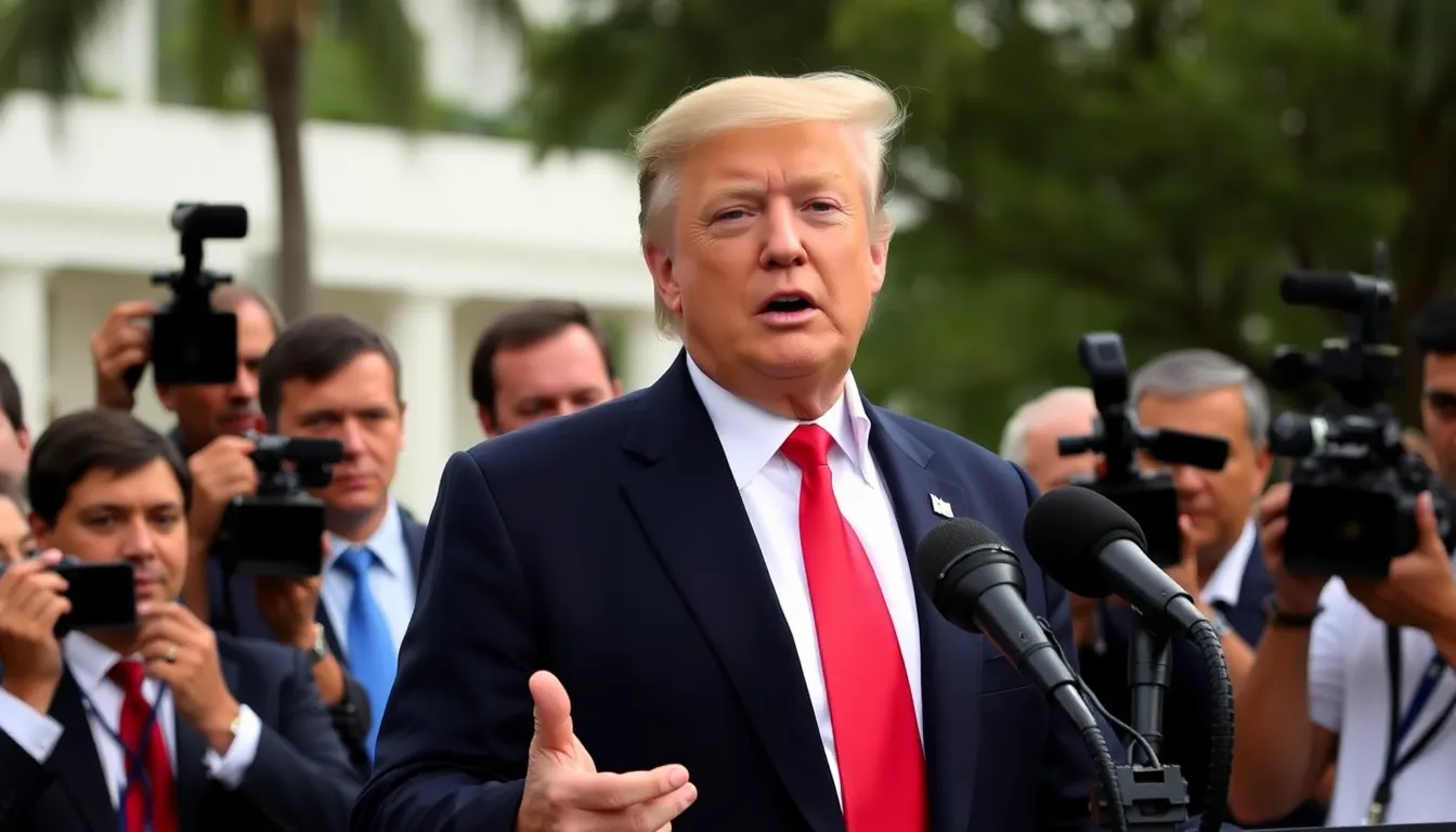 Former President Donald Trump speaks at a podium during a rally, surrounded by supporters holding signs, as he discusses his potential visit to Venezuela and its implications for U.S. foreign policy.