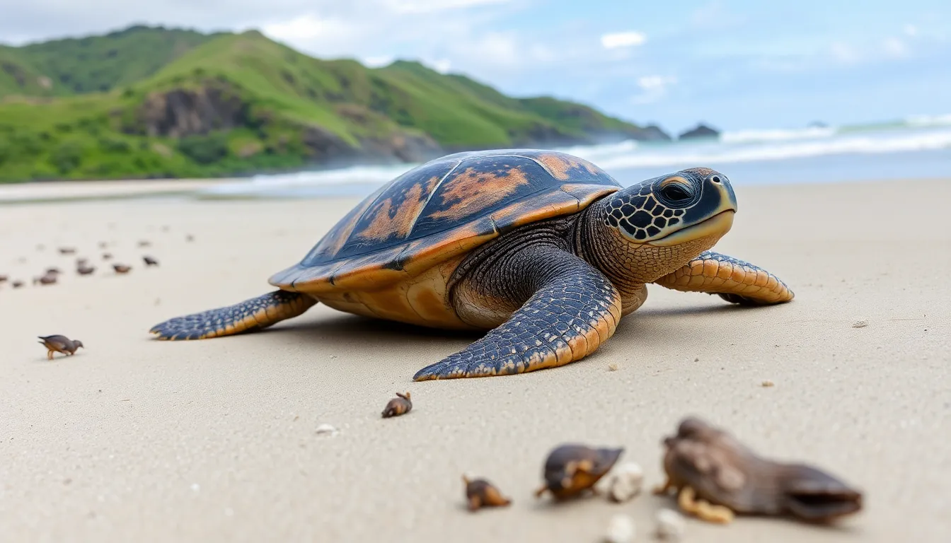 A lush Galápagos landscape serves as the backdrop for the thriving tortoise population, emphasizing the importance of preserving their natural environment