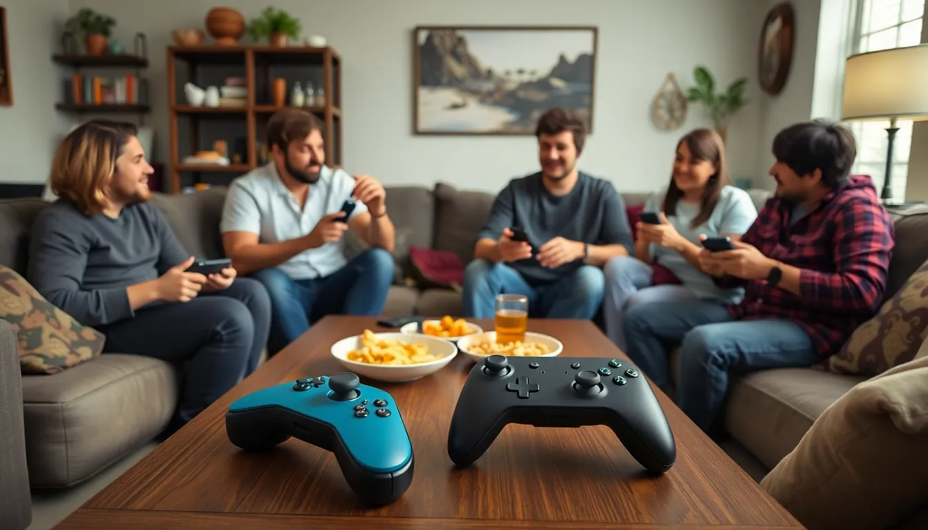 A gamer holds the Turtle Beach Rematch Wireless Controller while playing on a Nintendo Switch 2, surrounded by snacks and gaming accessories in a cozy living room setting.