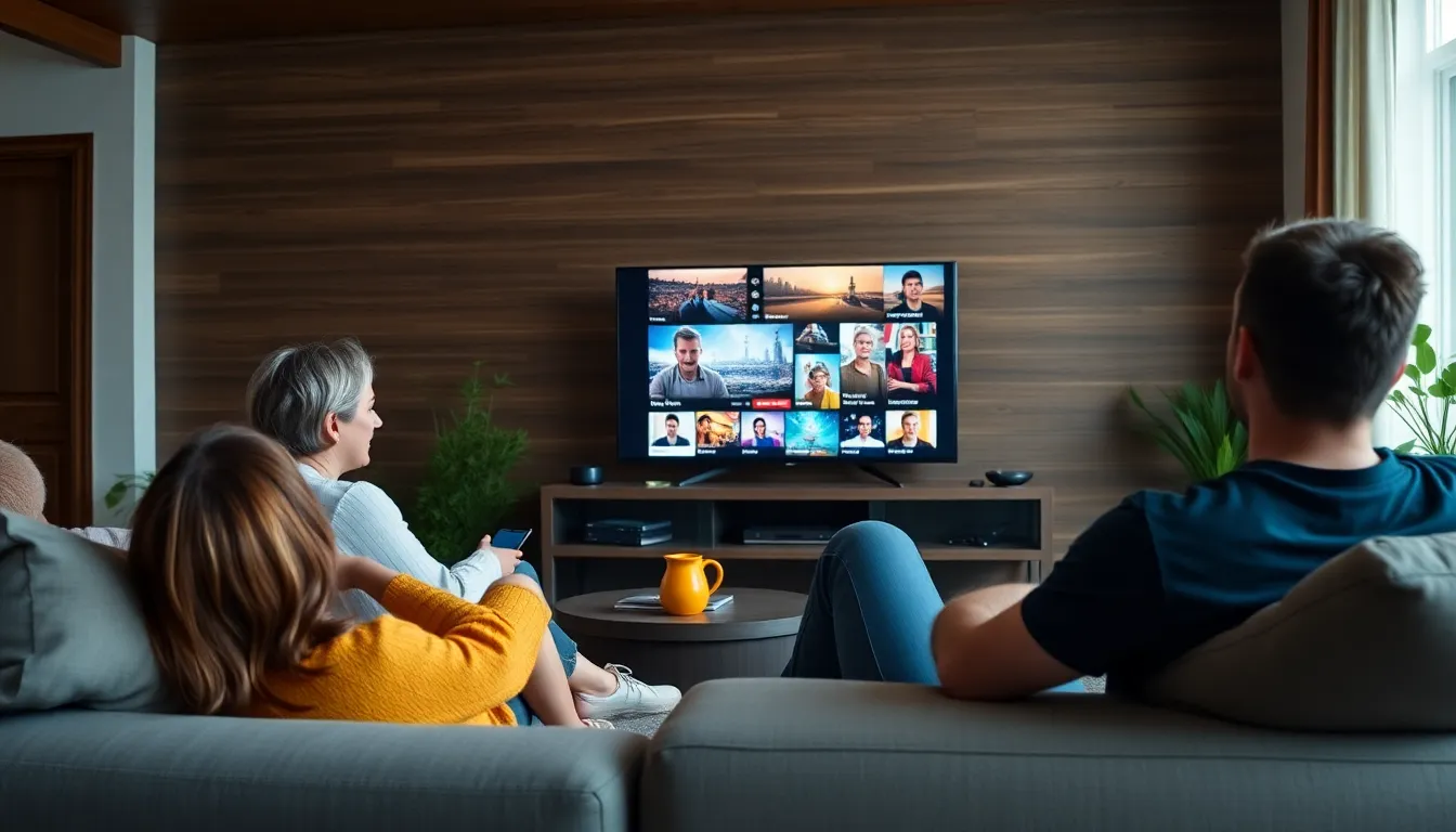 A family gathered in their living room, engaging with a smart TV that offers personalized streaming recommendations based on their viewing habits
