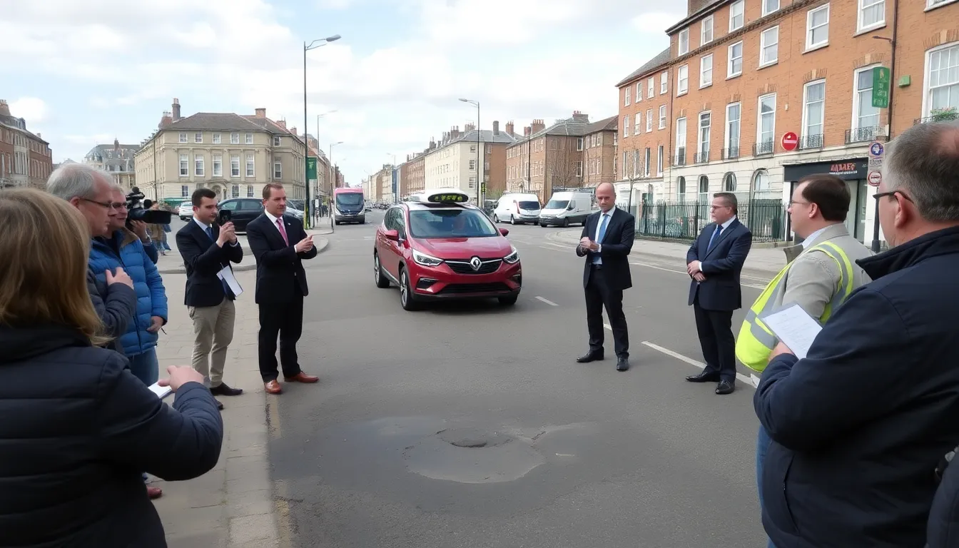 A selfdriving car maneuvers smoothly over a pothole on a city street, showcasing advanced technology designed to handle road imperfections.