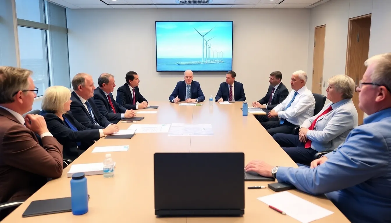 Government officials and energy company representatives gather around a table to discuss plans for a major offshore wind farm project involving the UK and nine European countries.