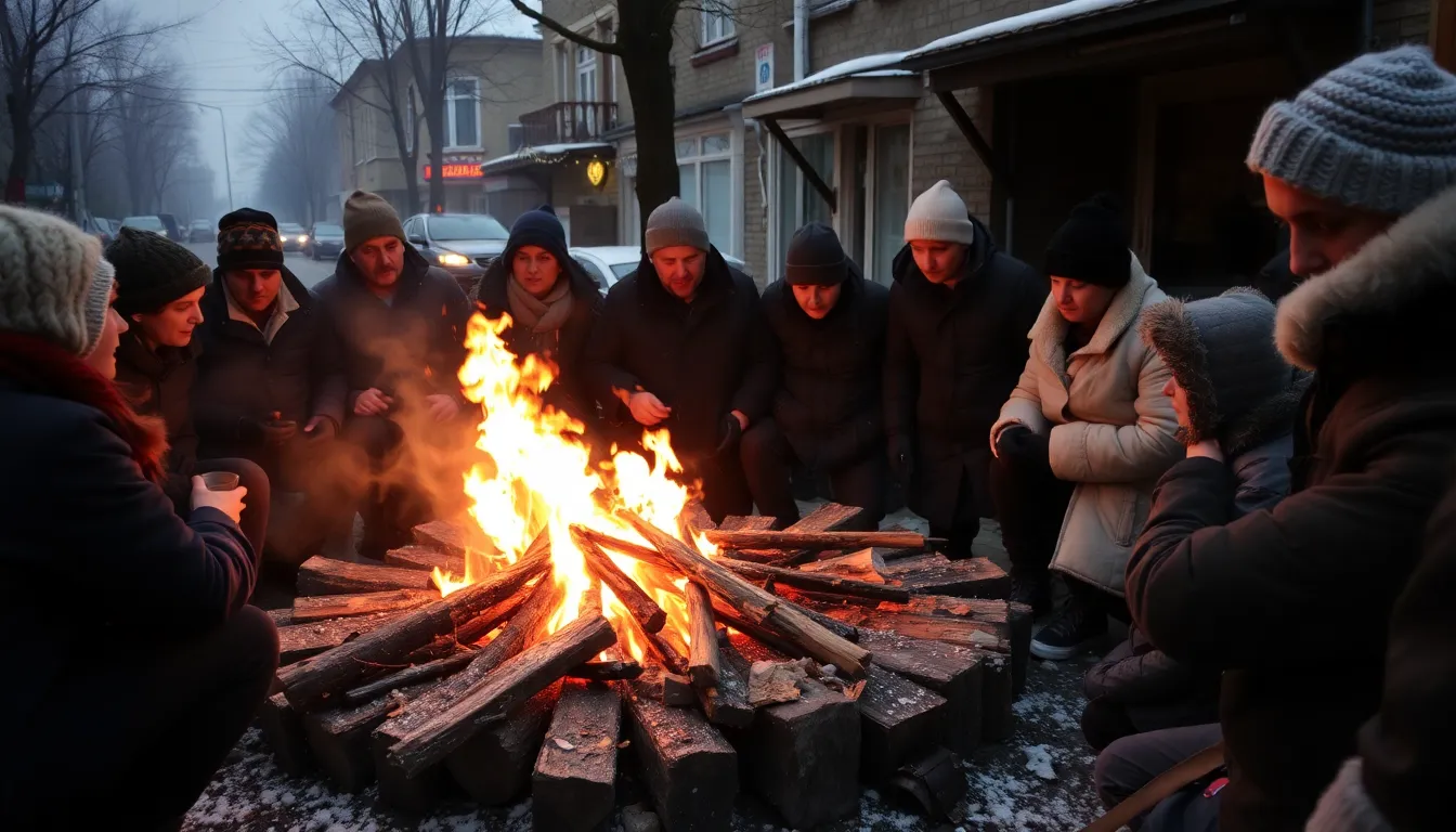 A group of Ukrainians huddle together in a makeshift warming center, bundled in blankets as they seek refuge from the biting cold of winter amidst ongoing energy shortages.