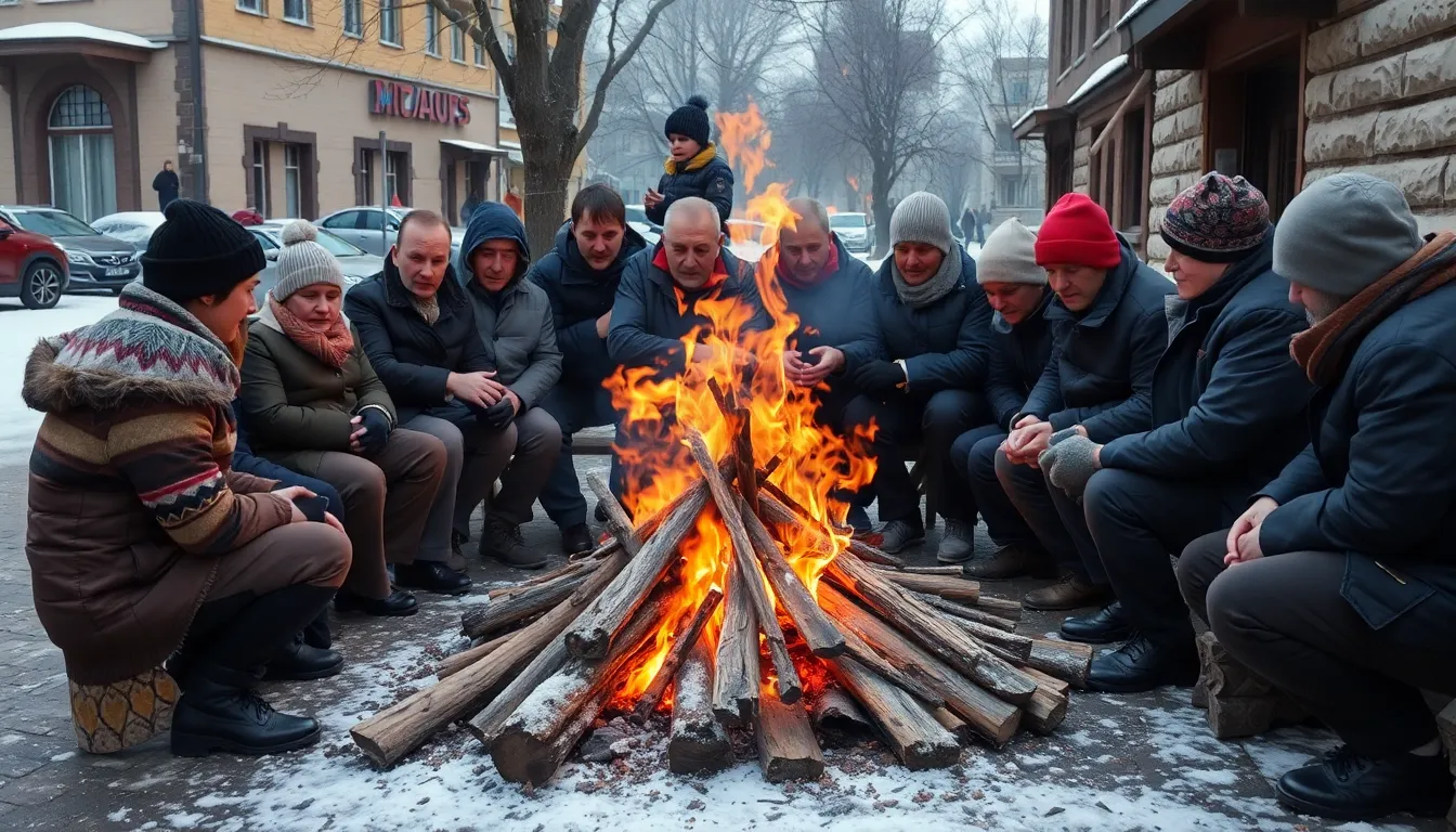 A family huddles around a small wood stove, using it as their primary source of heat during the harsh winter months