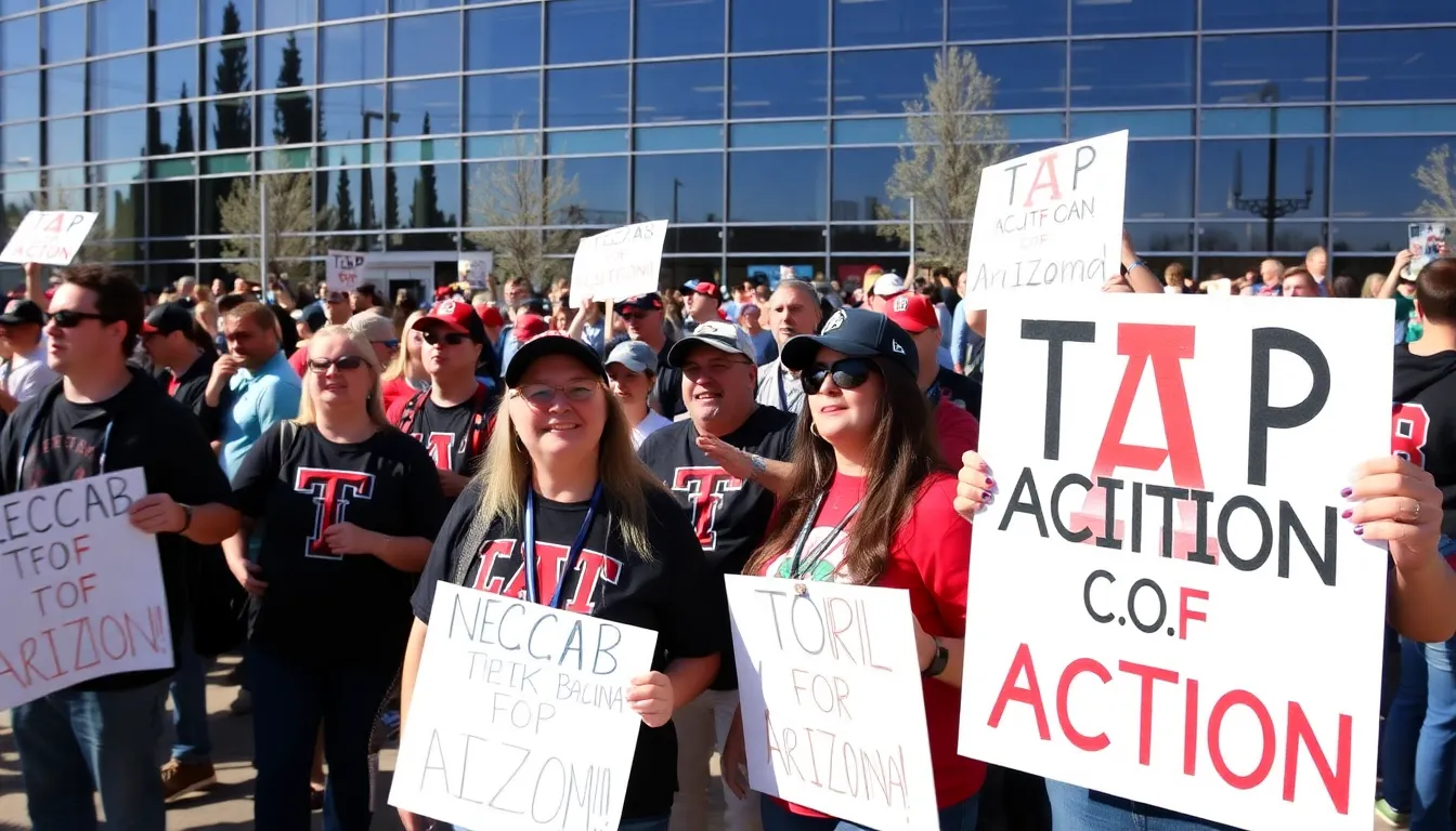 Fans gather in a packed arena, wearing team colors and holding signs, as they eagerly await the start of the Texas Tech vs. Arizona college basketball game.
