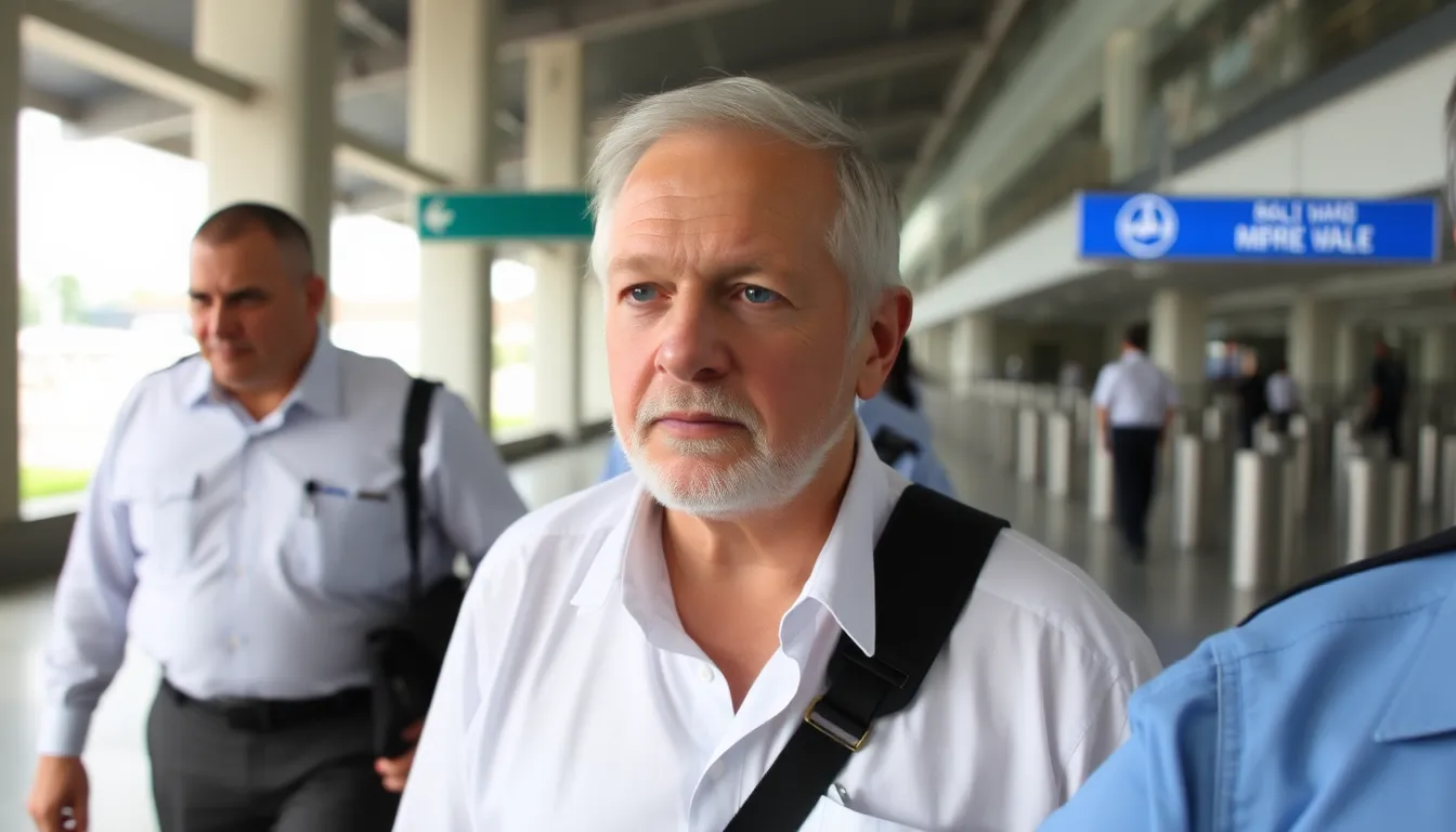 A man known as the "suitcase murderer" is escorted by authorities as he arrives at a U.S. airport after being deported from Bali following 11 years in prison for the murder of his girlfriend.