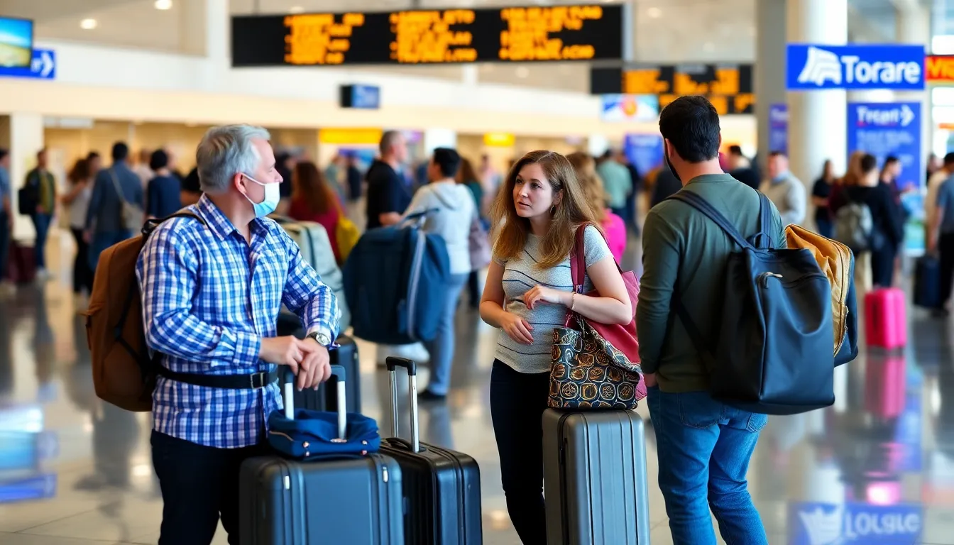 A nearly empty airport terminal shows travelers waiting at checkin counters, highlighting the significant decline in tourism in the United States.