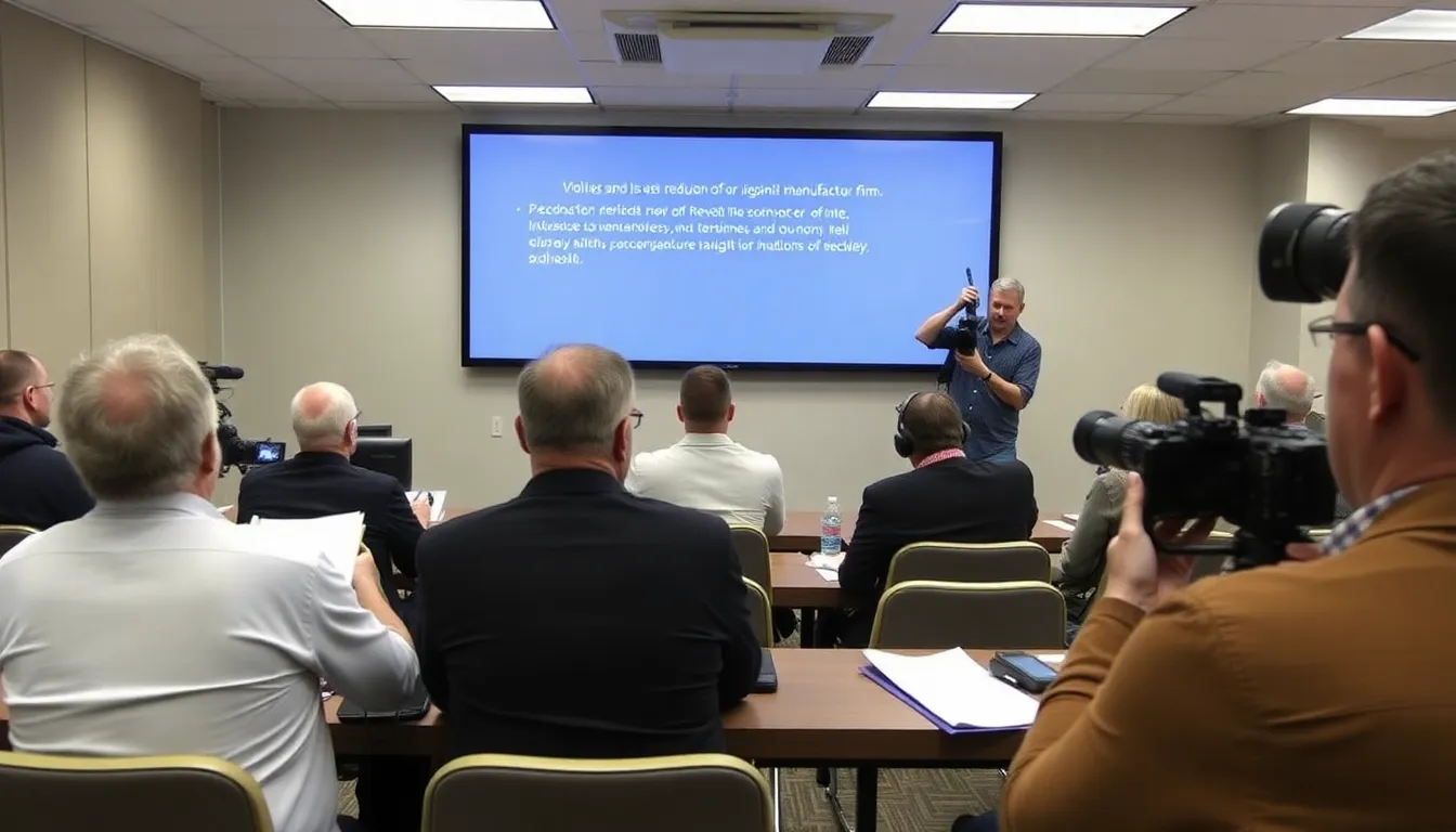 A group of scientists in lab coats discusses research data in a hightech laboratory, surrounded by vaccine development equipment and charts reflecting recent budget cuts.