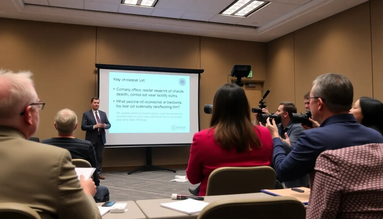 A meeting room filled with concerned pharmaceutical executives discussing the implications of reduced research funding on public health