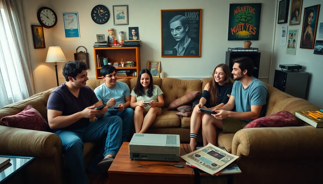 A person sits on a couch, absorbed in playing a classic video game, surrounded by snacks and a cozy atmosphere, as sunlight streams through the window, creating a warm and inviting space.