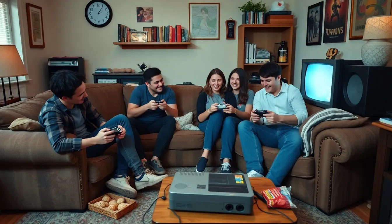 A closeup of a vintage game controller resting on a coffee table, surrounded by snacks, illustrating a cozy gaming session that serves as a break from negative news