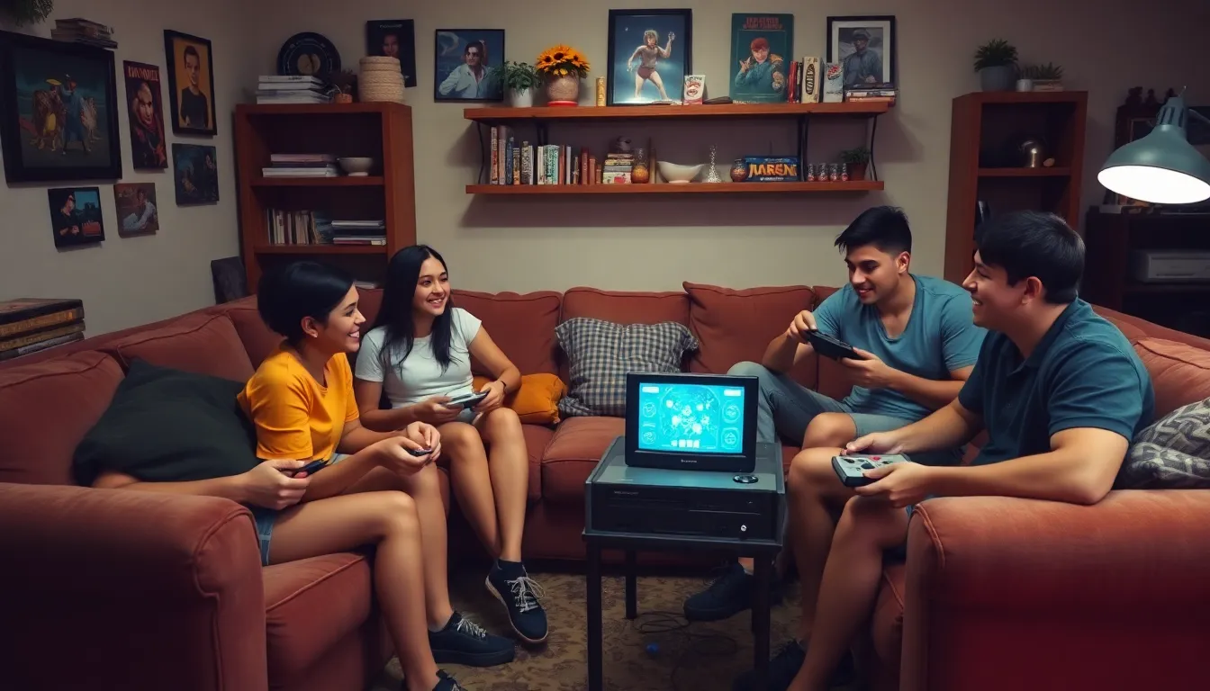 A group of friends gathered around a gaming console, laughing and enjoying each other's company while playing classic video games, showcasing the social aspect of gaming as a remedy for isolation