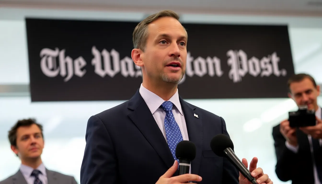 Will Lewis stands at a podium addressing reporters, announcing his resignation as CEO of the Washington Post amid a backdrop of concerned staff and journalists.