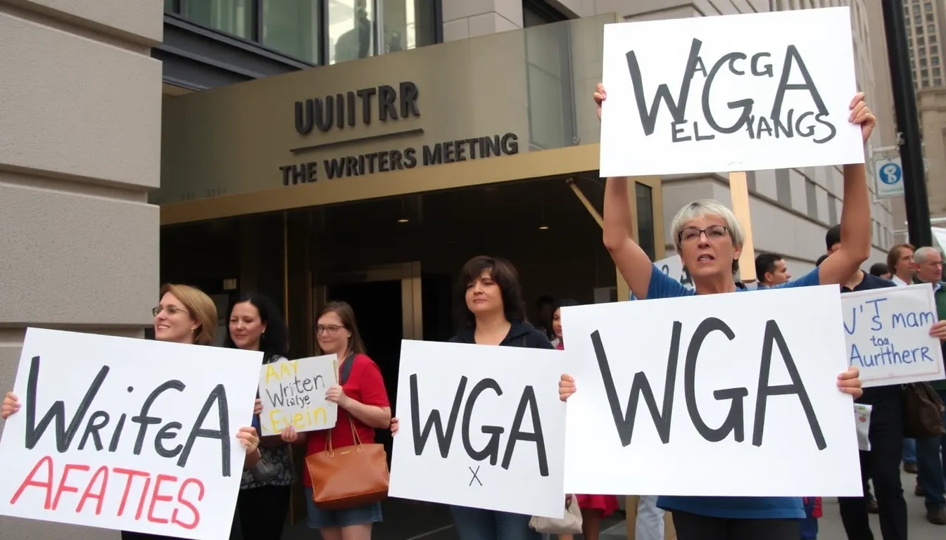 A group of writers holds signs and chants in solidarity during the picket outside a scheduled writers' meeting