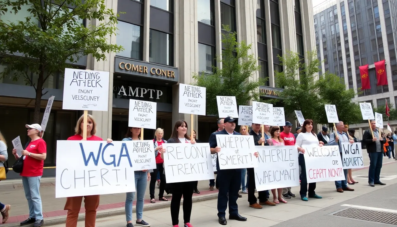 WGAのスタッフがストライキを行い、業界の労働条件や報酬の改善を求めて団結している様子が伝えられています。