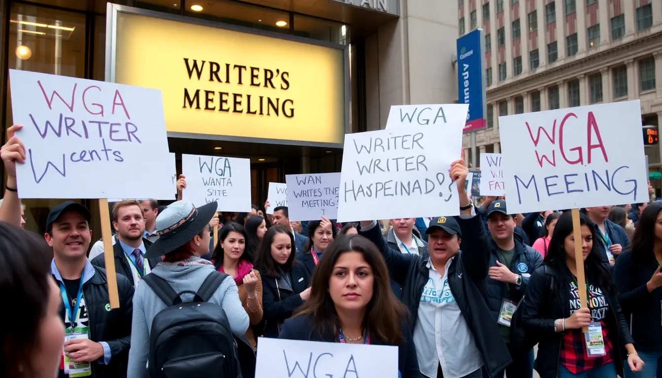 Writers Guild of America staff hold signs and chant slogans while picketing outside their headquarters in Los Angeles, expressing their concerns over contract negotiations and potential strike threats.