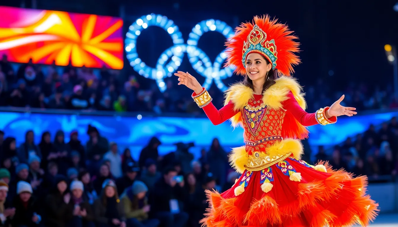 Sabrina Impacciatore performs a vibrant timetraveling musical number on stage during the Winter Olympics opening ceremony, captivating the audience with her dynamic vocals and theatrical presence.