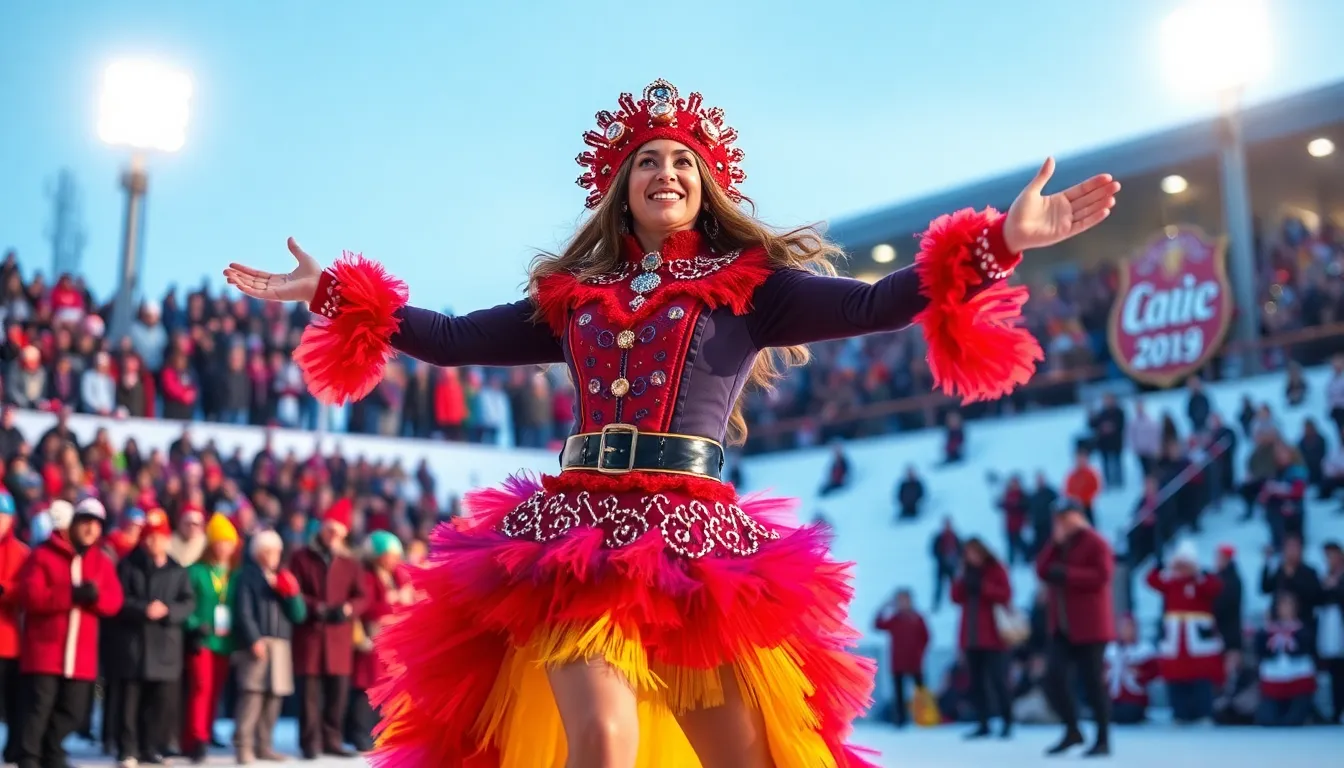 The grand stage is alive with vibrant colors and dynamic choreography, reflecting the cultural expressions celebrated during the event