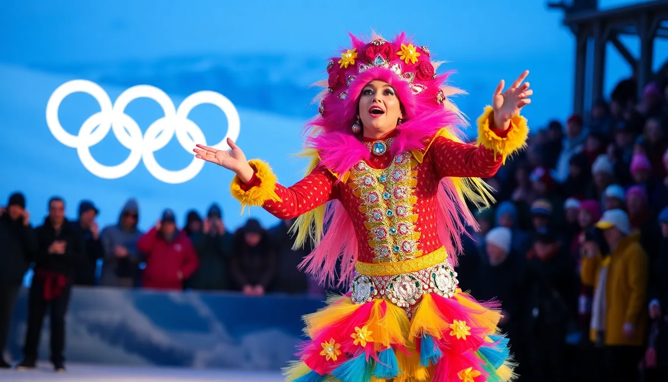 The atmosphere is electric as the ceremony showcases the intersection of sports and entertainment, emphasizing unity and creativity on a global stage