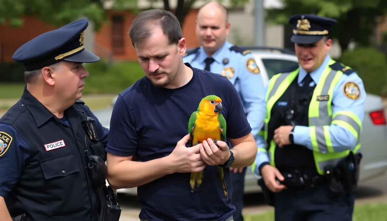 逮捕された男性が女性のセキセイインコを人質にして会うよう強要した事件の現場で、警察が証拠を収集している様子。