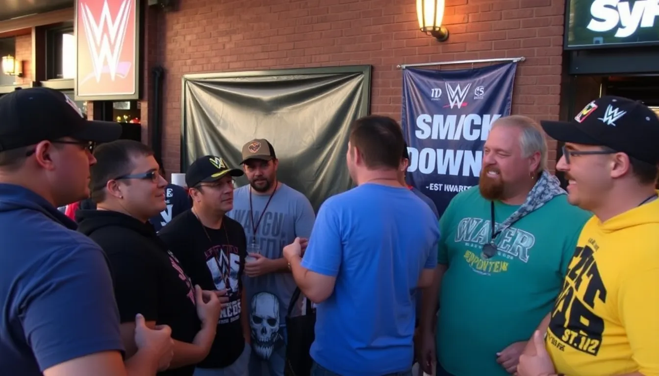 A scene capturing the buzz among wrestling enthusiasts as they share their thoughts on the future of Smackdown in its new broadcasting home, reflecting a vibrant community dialogue