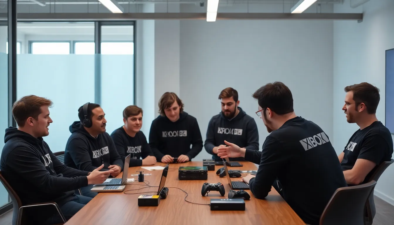 A group of excited gamers gathers at a gaming convention, eagerly discussing the upcoming Fable reboot while surrounded by promotional banners and merchandise.