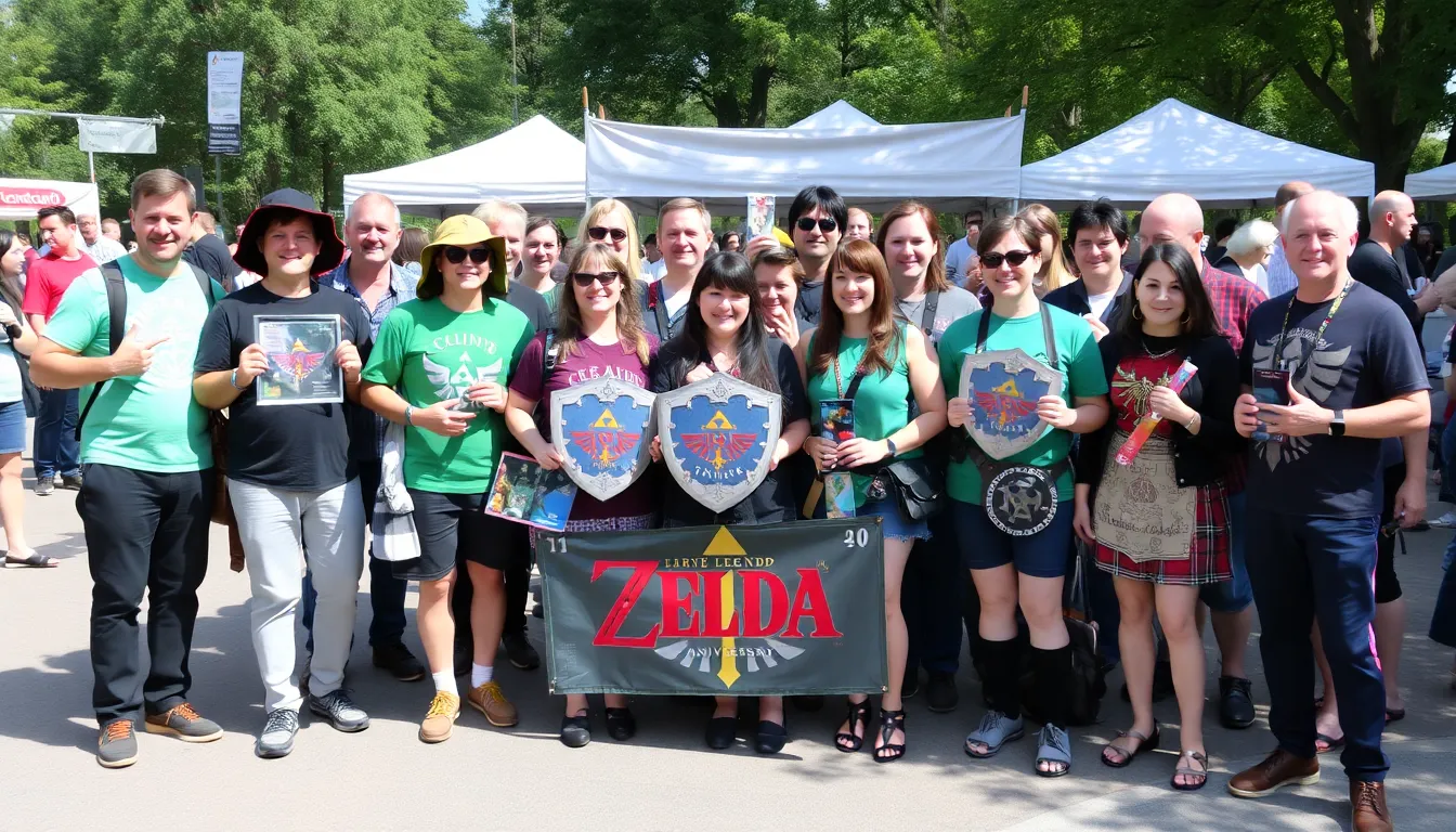 Fans gather at a celebration event featuring themed decorations and displays honoring the 40th anniversary of The Legend of Zelda franchise.