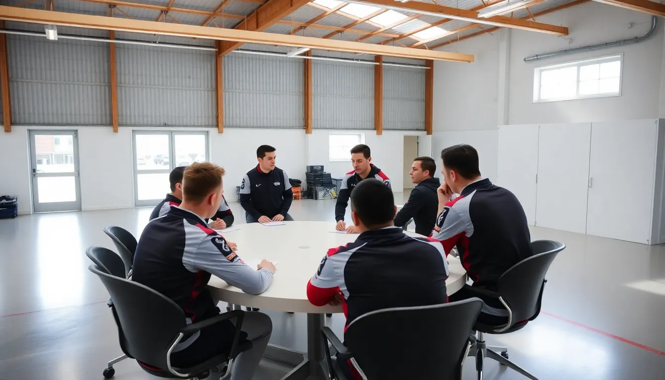 Zont1x stands confidently in a gaming arena, discussing his recent return to Team Spirit while teammates engage in strategy talks in the background.