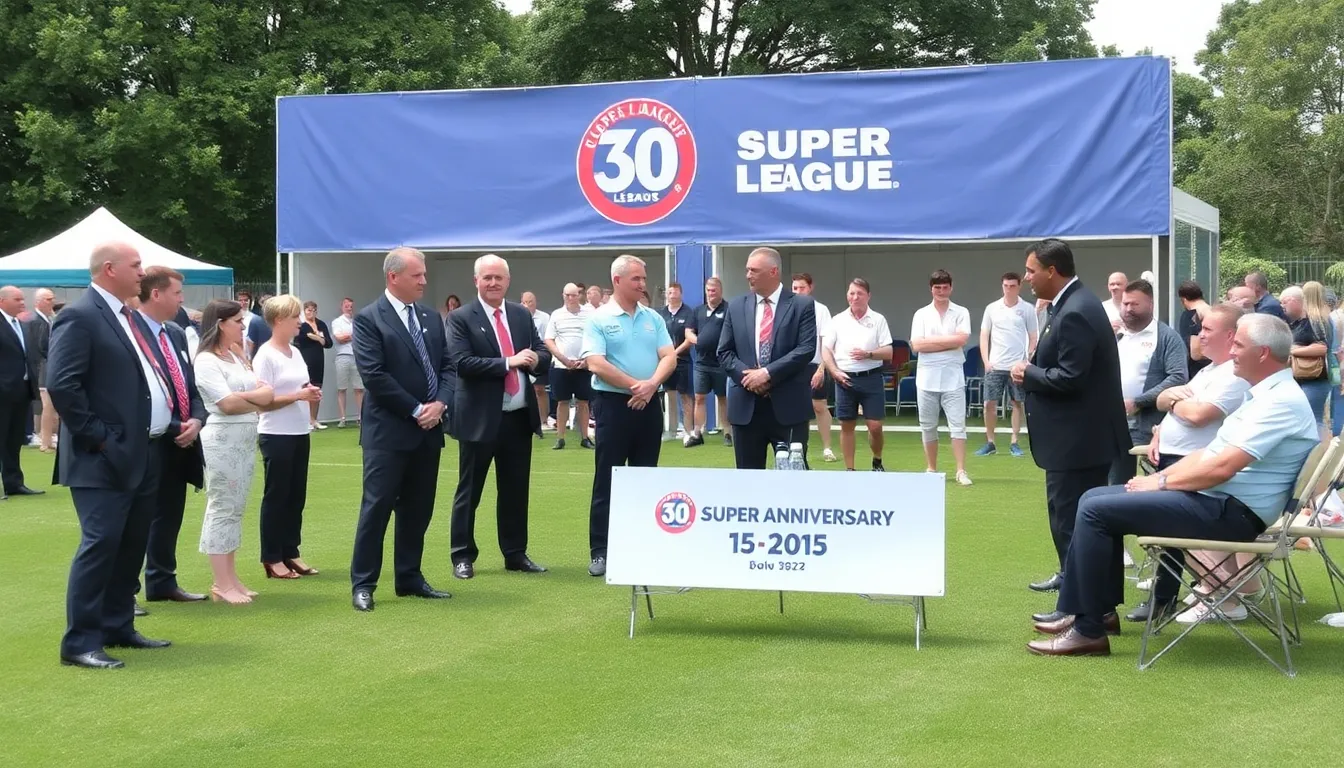 A group of football club owners and player representatives gather around a conference table, engaged in serious discussions about the future of the Super League during its 30th anniversary meeting.