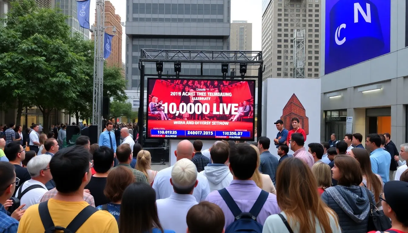 A crowd gathers outside the radio station, celebrating its 40th anniversary with live music, food stalls, and local artists performing on stage.