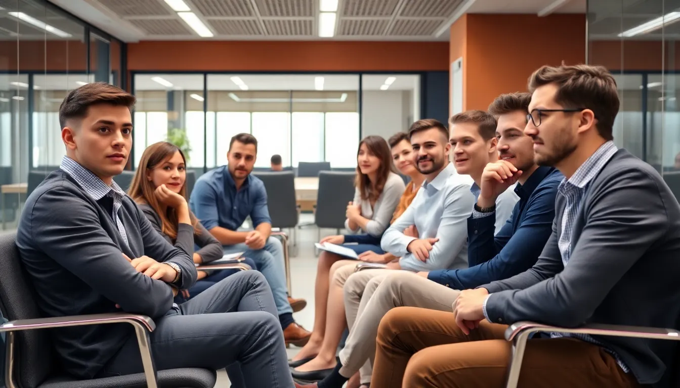 A group of job seekers sits nervously in a waiting area, each focused on their laptops as they prepare for AIdriven interviews.
