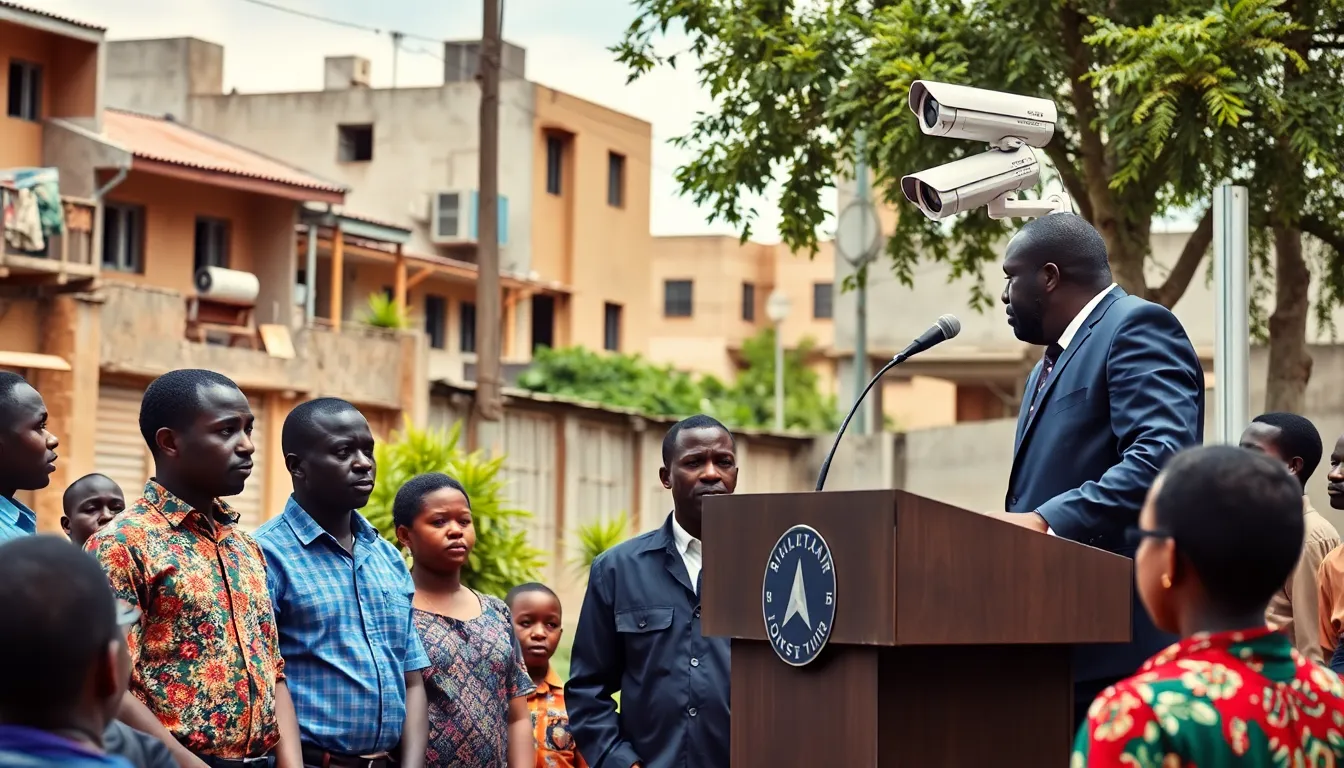 A group of activists gathers in a public square in Nairobi, holding signs and banners to protest against AIdriven mass surveillance and its impact on personal freedoms.