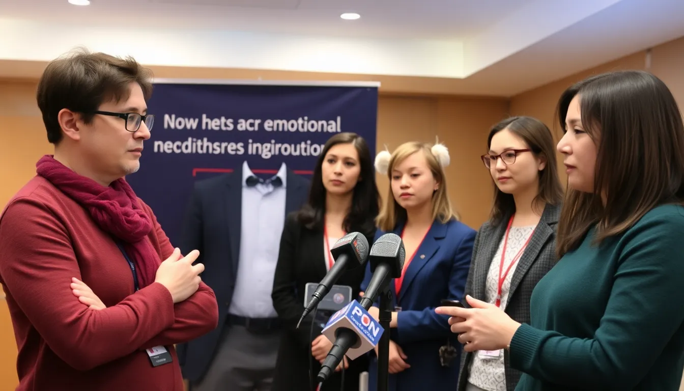 A group of researchers discusses findings about AI toys misreading children's emotions during a conference, with charts and graphs displayed on a screen behind them.