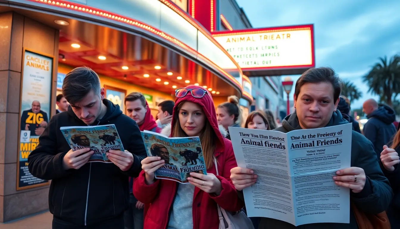 Fans gather outside a theater, expressing disappointment over the postponement of the animated film 'Animal Friends' featuring Ryan Reynolds and Jason Momoa.