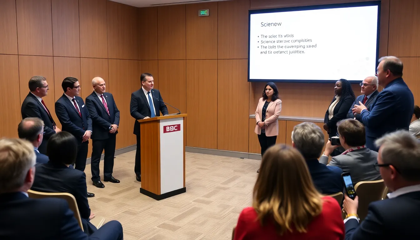 A public lecture event where scientists present their findings to an audience, illustrating the democratization of scientific knowledge