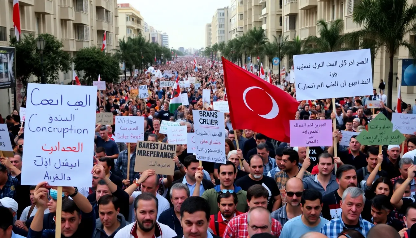 A group of protesters gathers in the streets of Beirut, holding banners and chanting slogans while surrounded by a heavy security presence amid ongoing unrest over the country's economic and political crisis.