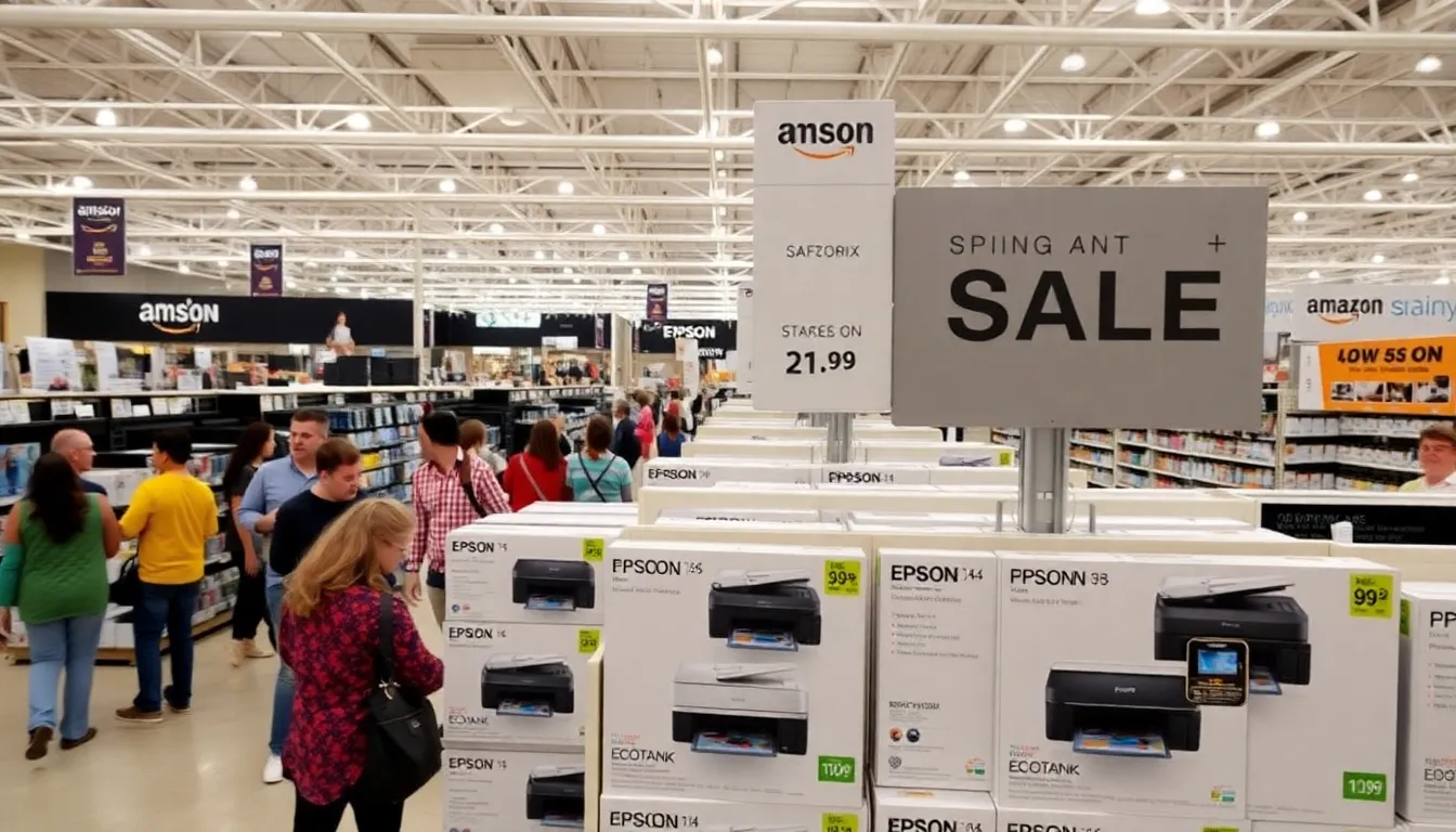 A person is examining the Epson EcoTank printer on display during Amazon's Spring Sale, highlighting the significant price reduction that makes it an appealing option for home office use.