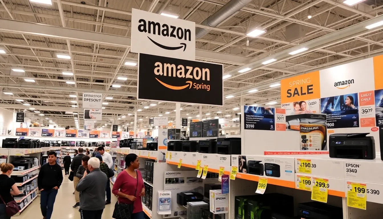 A promotional banner displaying the 0 price cut on the EcoTank printer during Amazon's Spring Sale, attracting attention from budgetconscious consumers