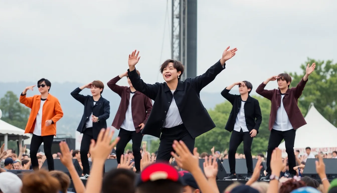 BTS performs energetically on stage at the Arirang Festival, captivating a cheering crowd during their first major live appearance since their hiatus.