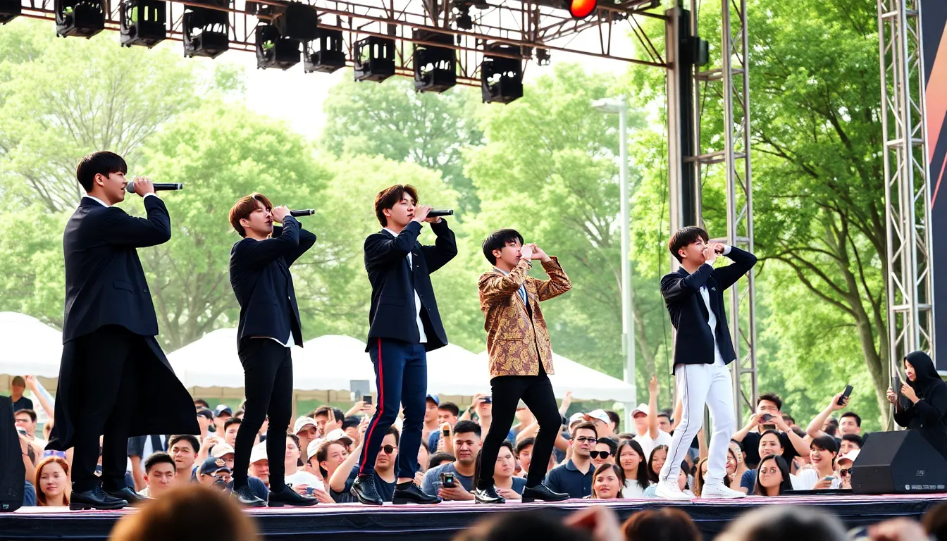 아리랑의 멜로디에 맞춰 화려한 조명과 함께 춤추는 BTS의 모습